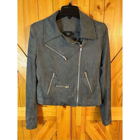 Vici Jackets & Blazers - Vici Grey Soft Moto Style Jacket Size Medium Zip Up Faux Suede (0953)